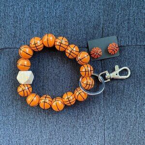 Basketball Wooden Keychain and Sparkly Basketball Stud Earrings